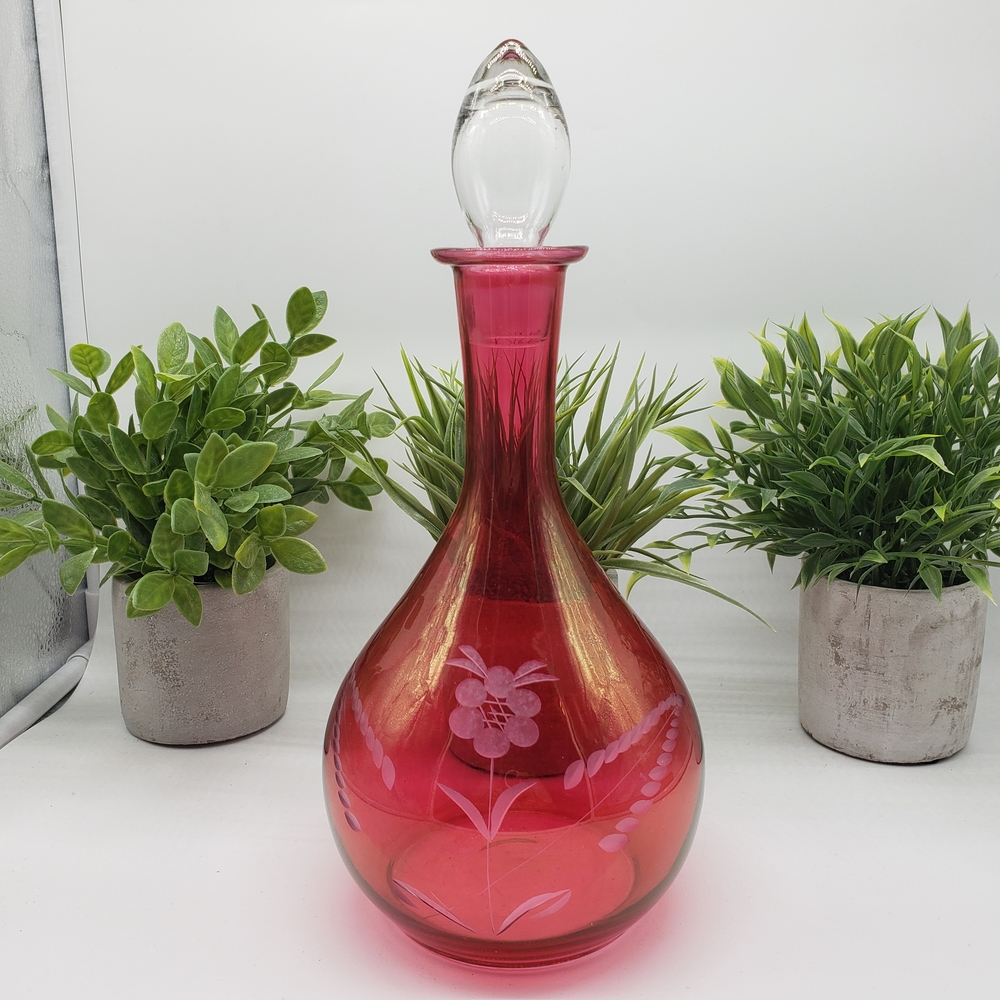 Vintage Flashed Cranberry Etched Floral Art Glass Decanter with Clear Stopper